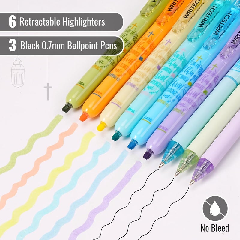 WRITECH مجموعة كتابة الكتاب المقدس: أقلام تمييز غير قابلة للتسرب وأقلام حبر جاف 0.7 مم، حبر سريع الجفاف، ألوان باستيل، مجموعة كتابة، 9 قطع - Image 2